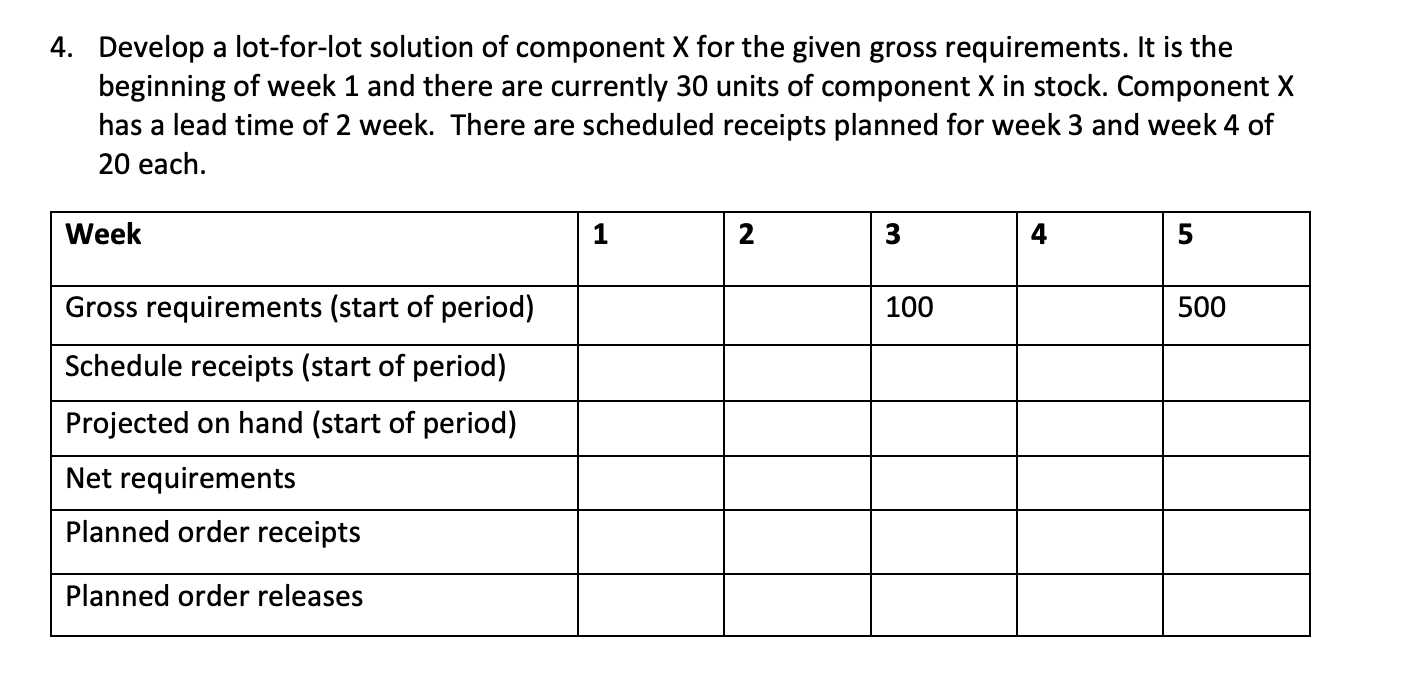 4. Develop a lot-for-lot solution of component X