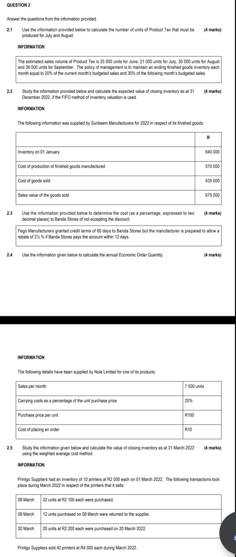 QUESTION 2 Answer the questions from the