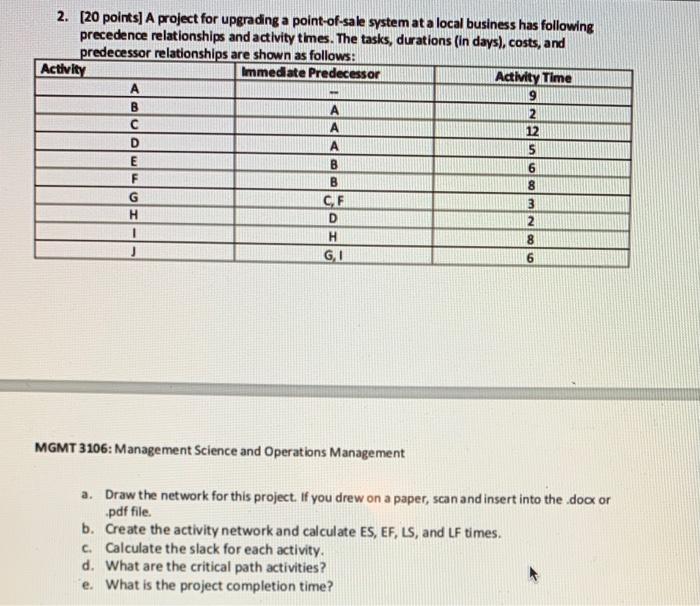 2. (20 points] A project for upgrading a