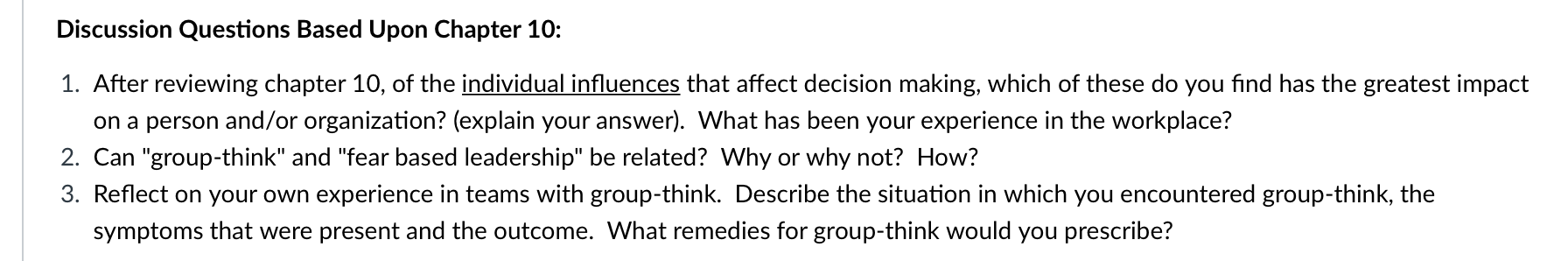 Discussion Questions Based Upon Chapter 10: 1.