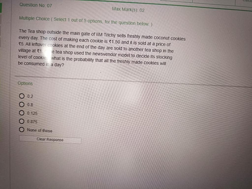 Question No: 07 Max Mark(s). 02 Multiple Choice (