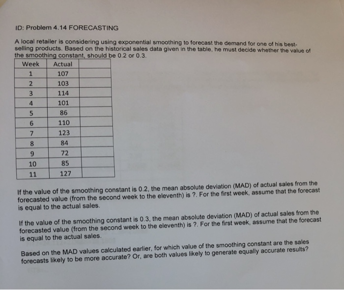 ID: Problem 4.14 FORECASTING A local retailer is