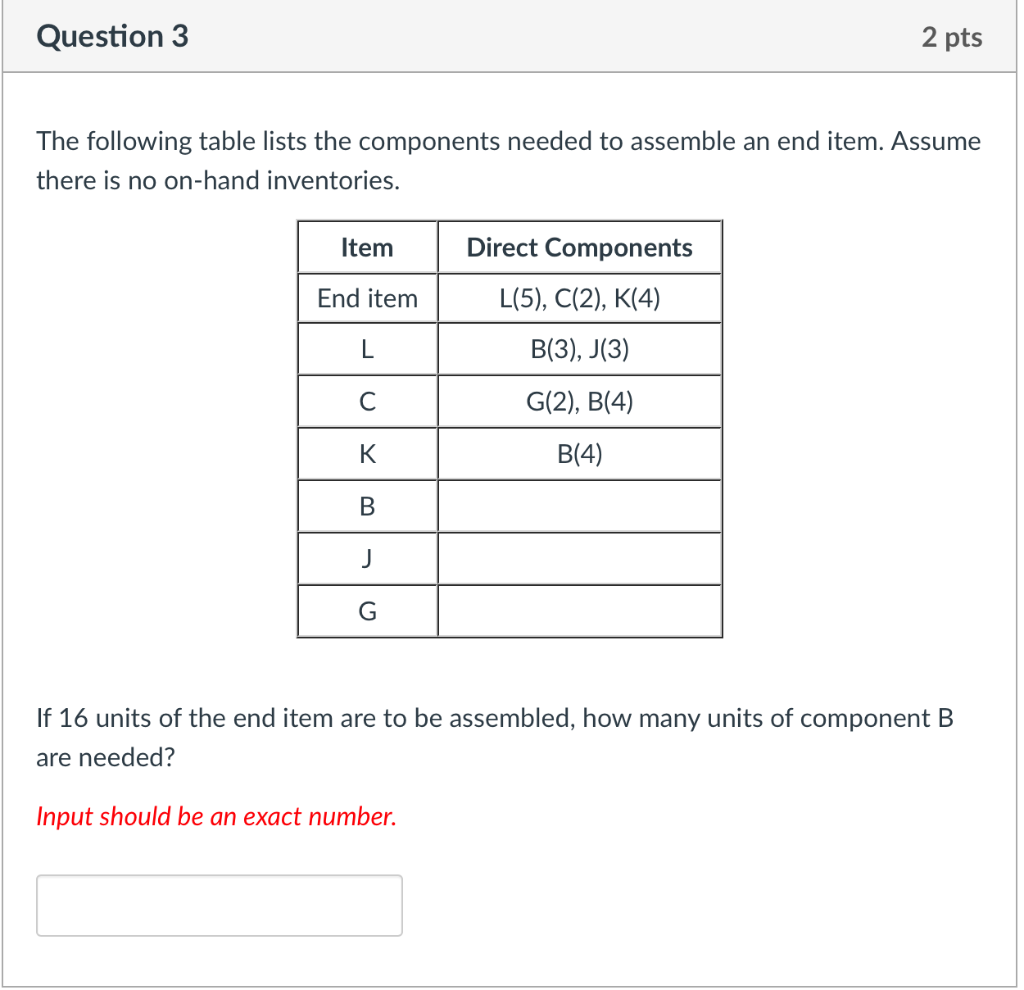 Question 3 2 pts The following table lists the