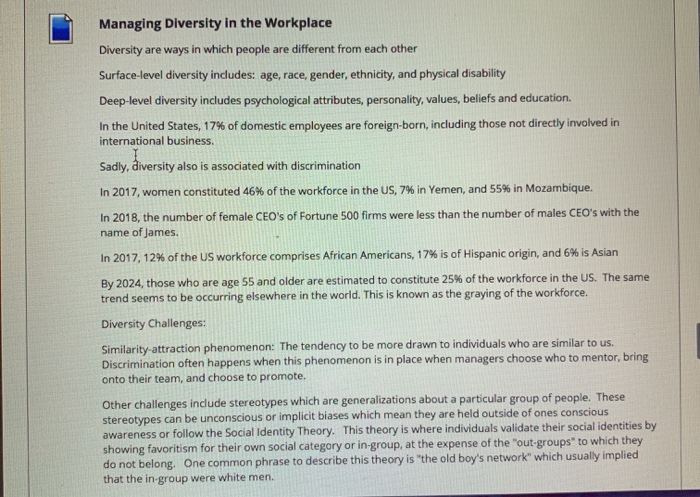 Managing Diversity in the Workplace Diversity are