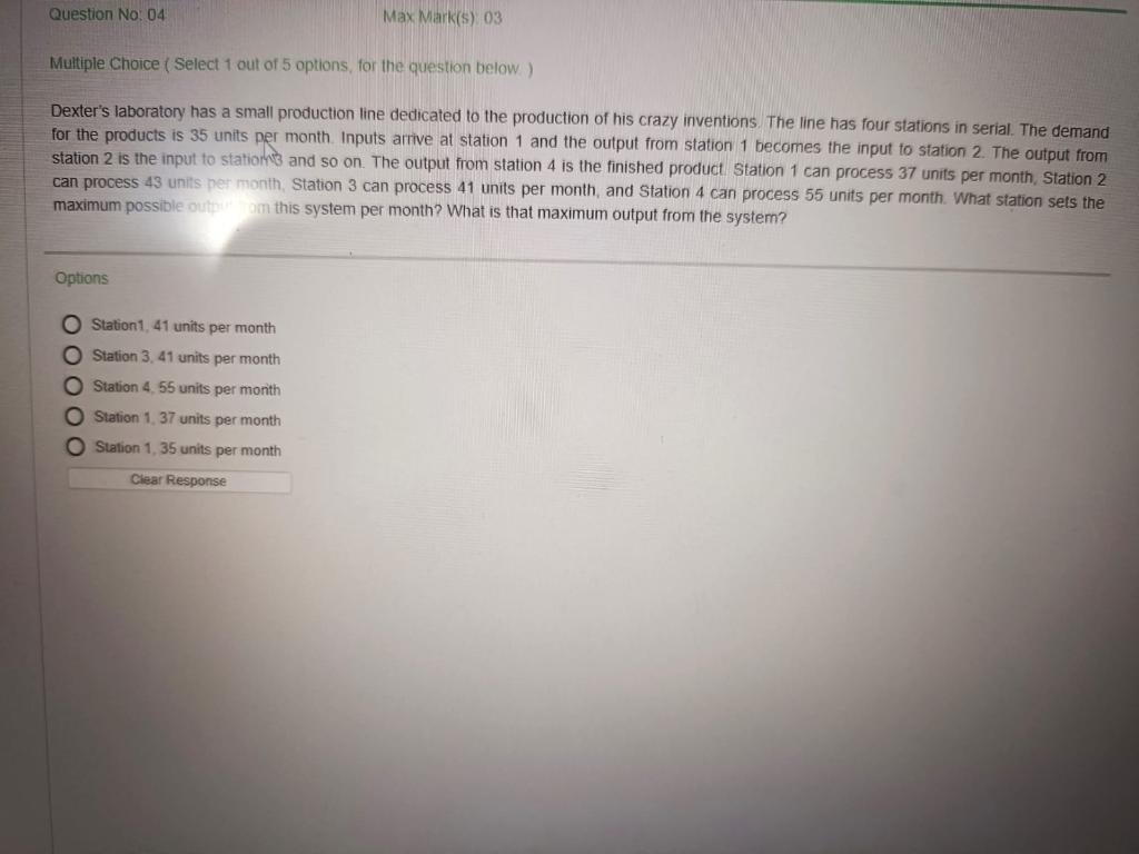 Question No. 04 Max Mark(s) 03 Multiple Choice (