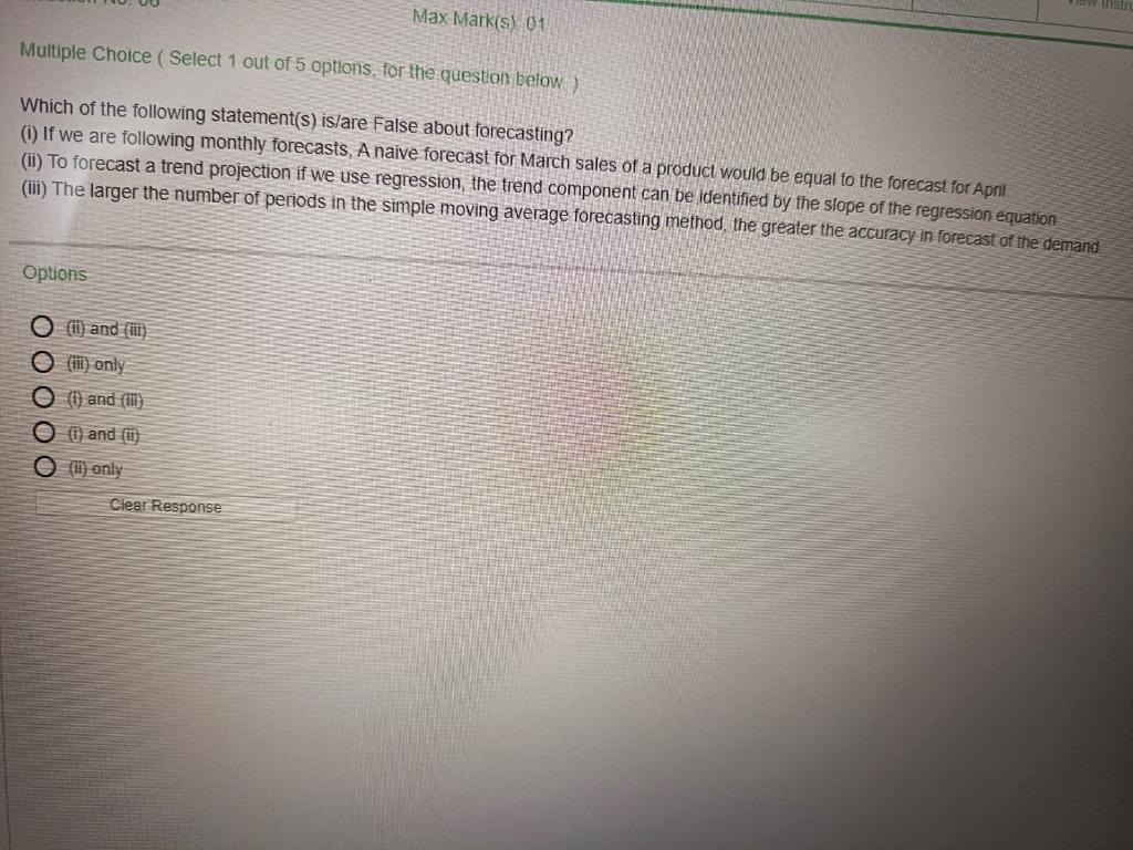 Max Mark(s) 01 Multiple Choice ( Select 1 out of