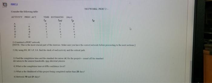 EERT NETWORK PERT 2 - Consider the following