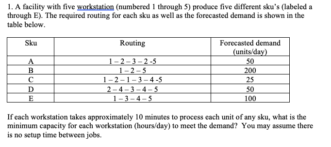 1. A facility with five workstation (numbered 1