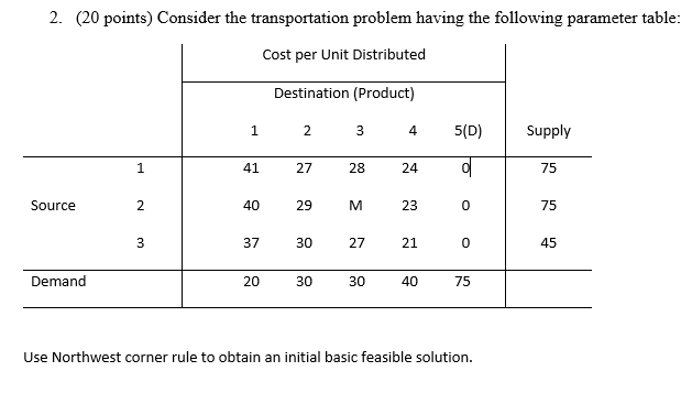 2. (20 points) Consider the transportation