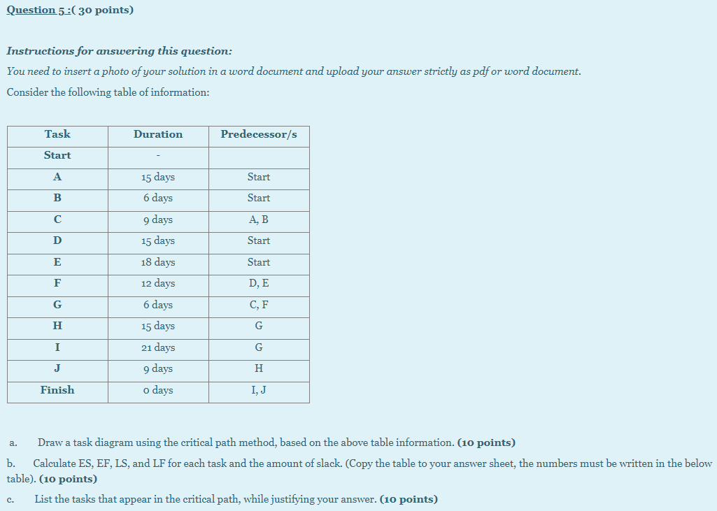 Question 5:( 30 points) Instructions for