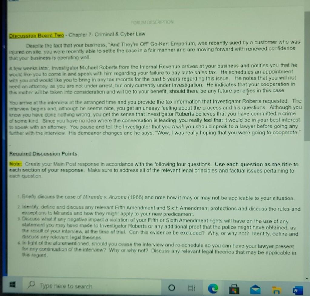 FORUM DESCRIPTION Discussion Board Two - Chapter