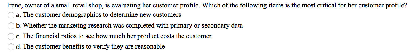 Irene, owner of a small retail shop, is