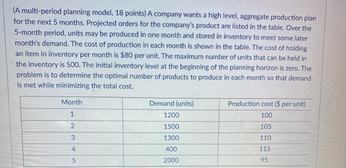 (A multi-period planning model, 18 points) A