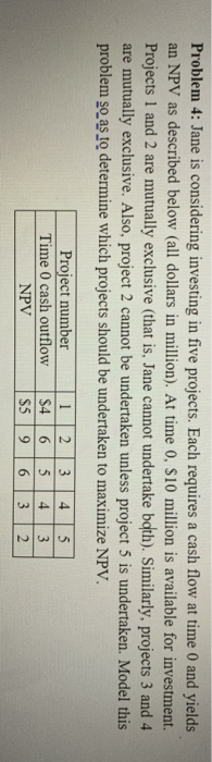 Problem 4: Jane is considering investing in five