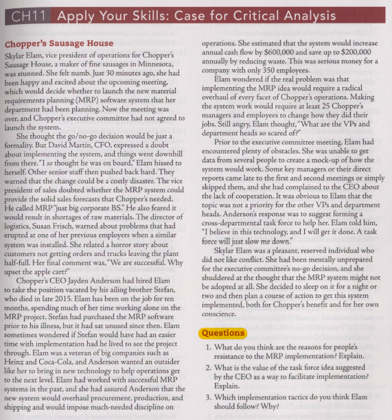 Ch 11 CS- 150 words CH11 Apply Your Skills: Case
