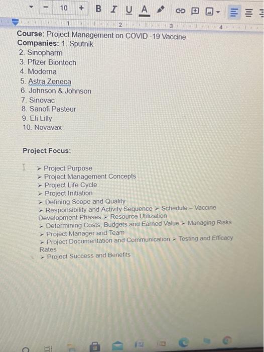 10 + BI U A 1 2 3 Course: Project Management on