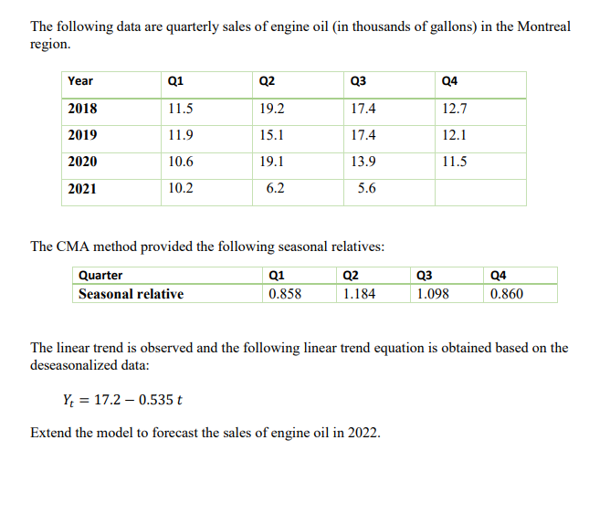 Q2 The following data are quarterly sales of