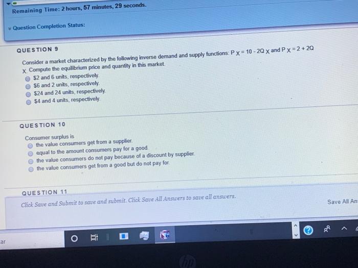 Remaining Time: 2 hous, 57, Question Completion