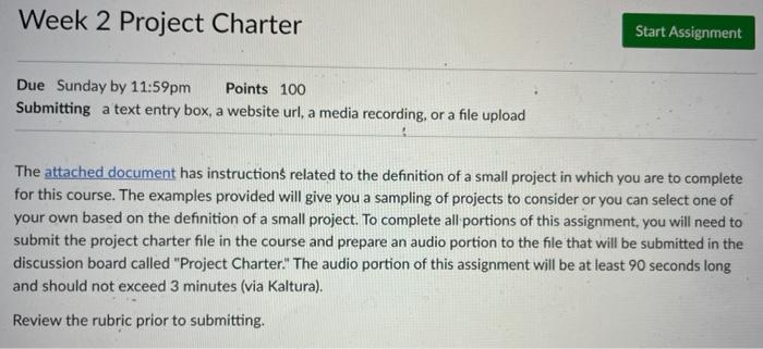 Week 2 Project Charter Start Assignment Due