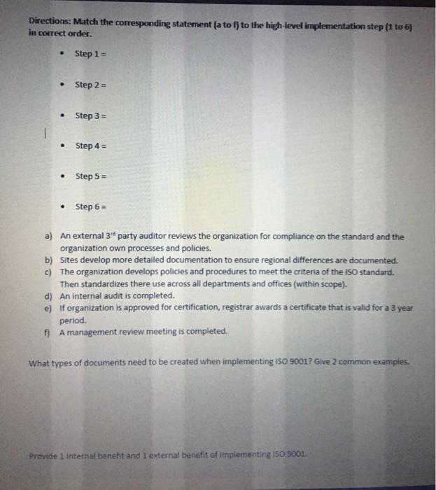 Directions: Match the corresponding statement (a