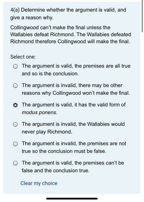 4(a) Determine whether the argument is valid, and