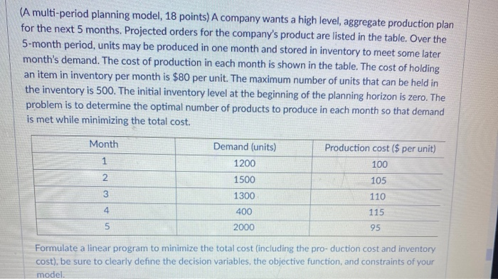 (A multi-period planning model, 18 points) A