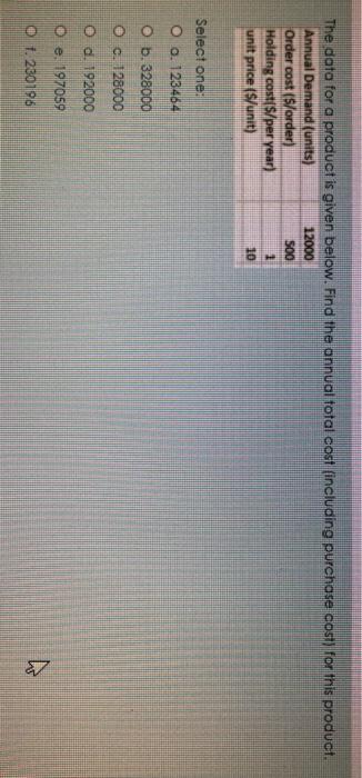 The data for a product is given below. Find the