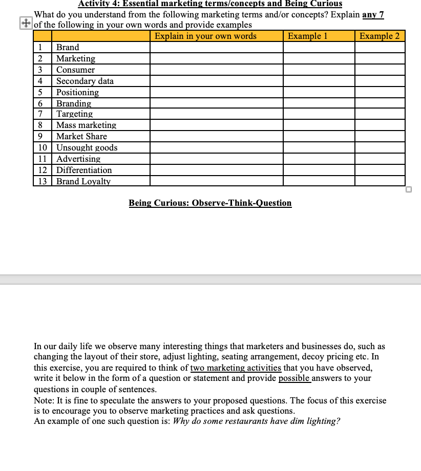 Activity 4: Essential marketing terms/concepts