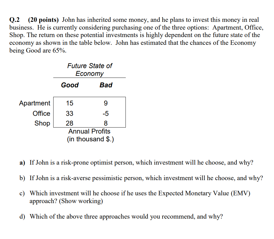 Q.2 (20 points) John has inherited some money,