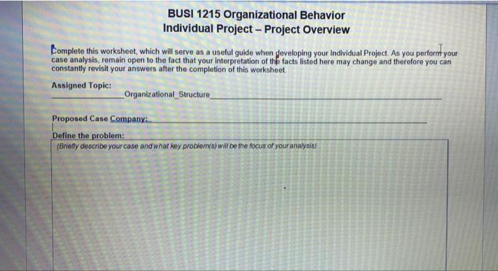 BUSI 1215 Organizational Behavior Individual