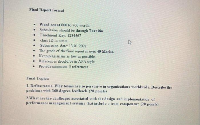 Final Report format . Word count 600 to 700 words