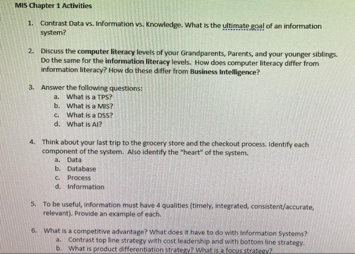 Answer the questions below: MIS Chapter 1