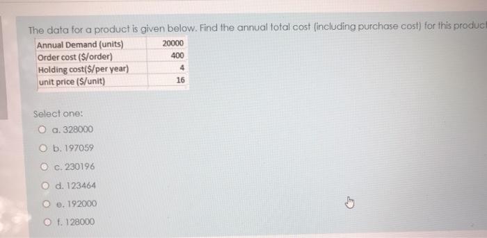 The data for a product is given below. Find the