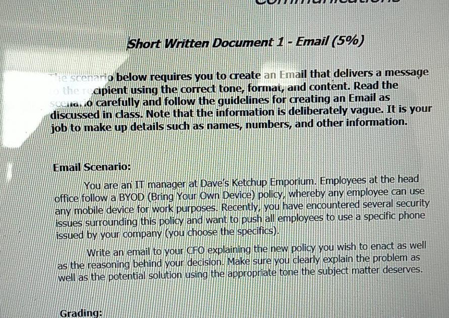Short Written Document 1 - Email (5%) te scenario