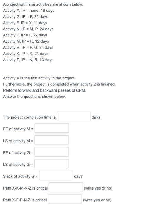 A project with nine activities are shown below.