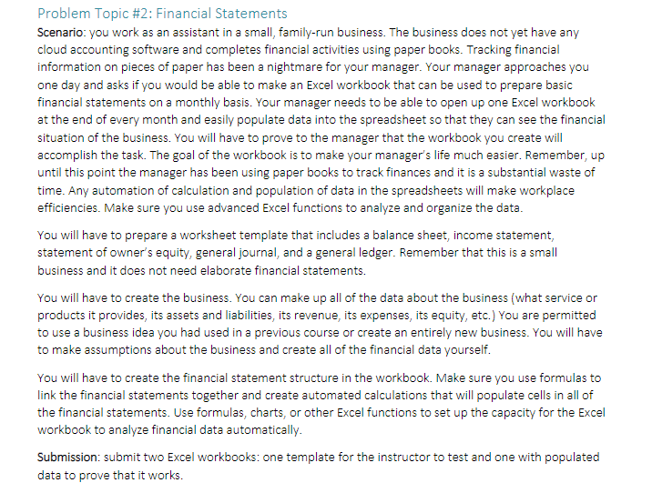 Problem Topic #2: Financial Statements Scenario:
