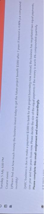 DI #2 Tuesday, 5 July, 6:00 PM Course event