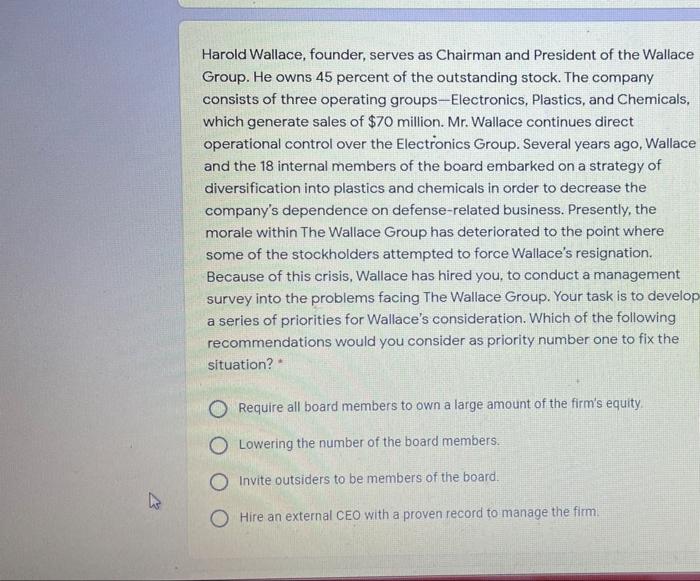 Harold Wallace, founder, serves as Chairman and