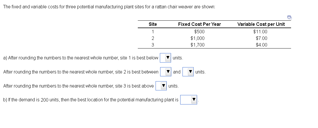 The fixed and variable costs for three potential