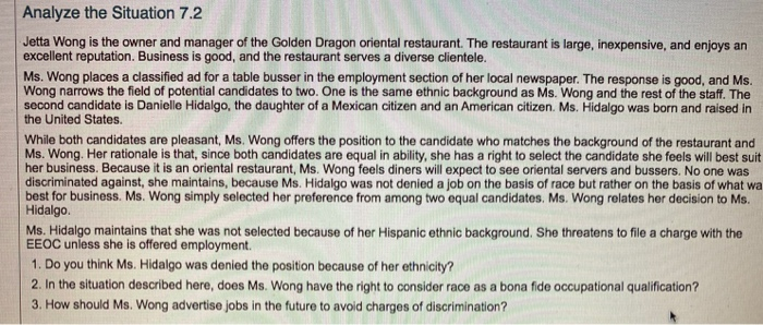 Analyze the Situation 7.2 Jetta Wong is the owner