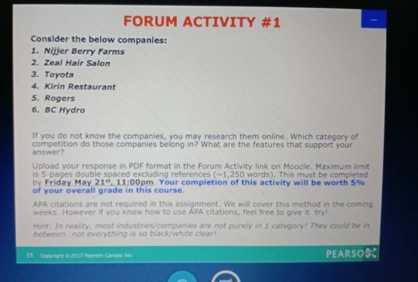 FORUM ACTIVITY #1 Consider the below companles: