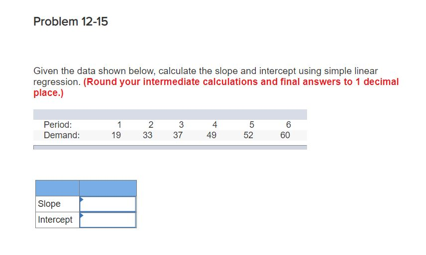 Problem 12-15 Given the data shown below,