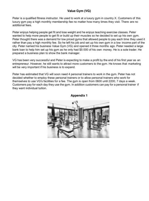 help me , solve questions Value Gym (VG) Peter is