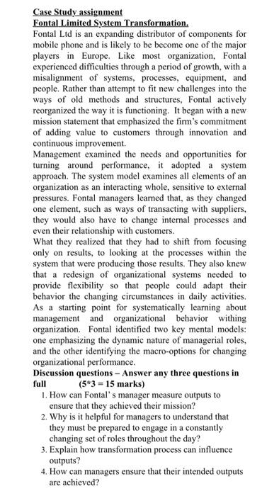 Case Study assignment Fontal Limited System