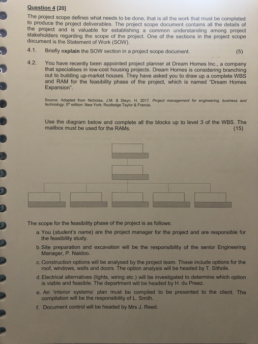 Question 4 [20] The project scope defines what