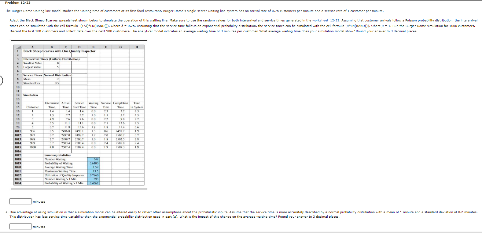 Problem 12-23 The Burger Dome waiting line model