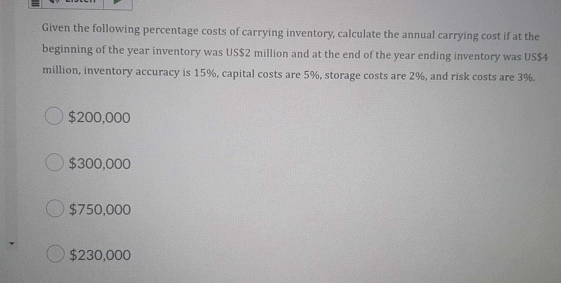 Given the following percentage costs of carrying