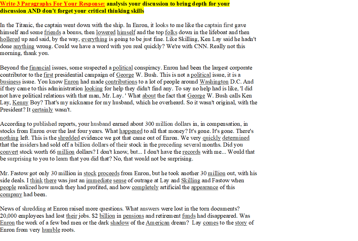 Write 3 Paragraphs For Your Response: analysis