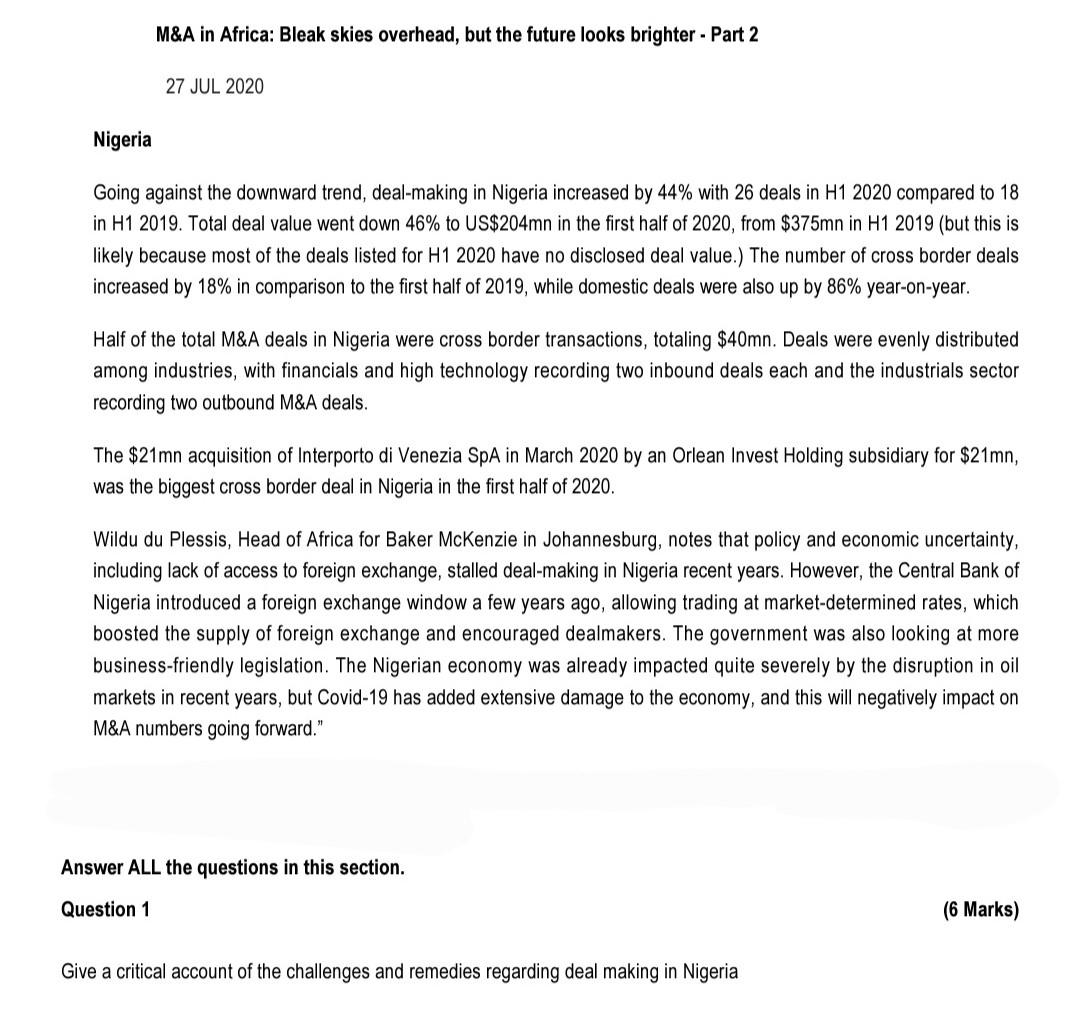 strategic management practices q1 M\&A in Africa: