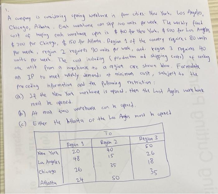 A company is considering opening warehouses in